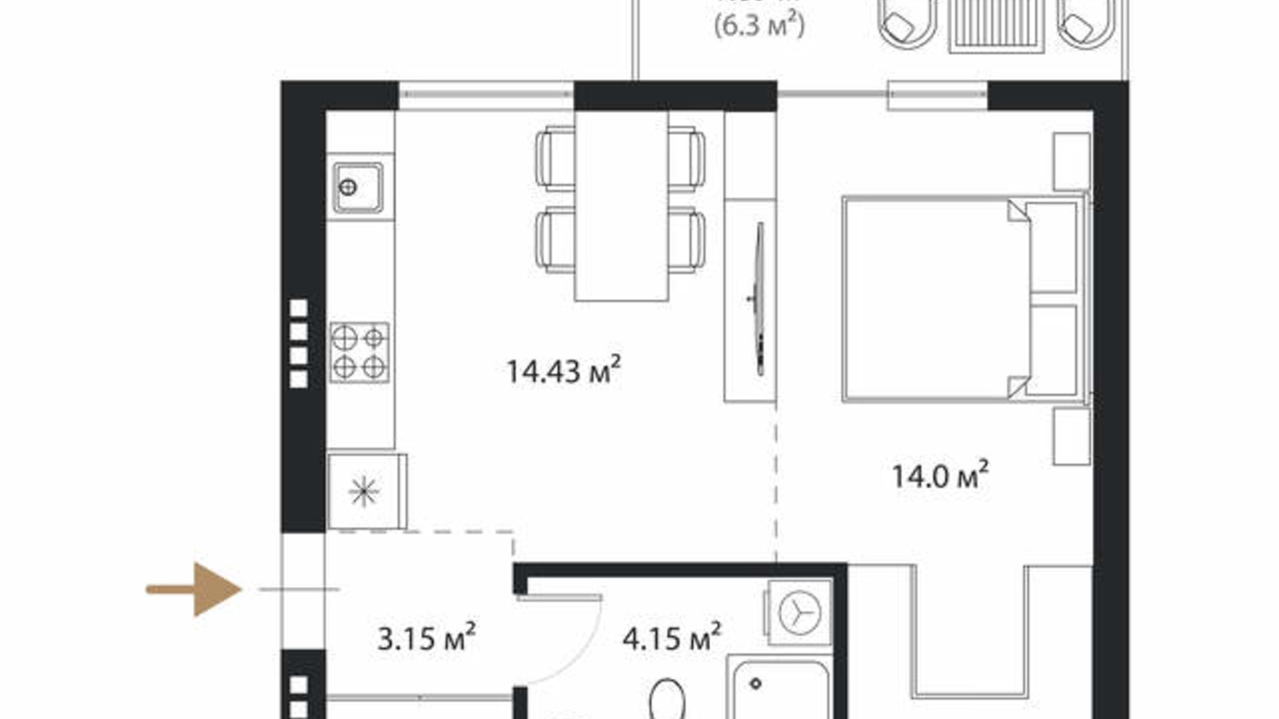 Планировка 1-комнатной квартиры в ЖК Grand Hills 36 м², фото 620160