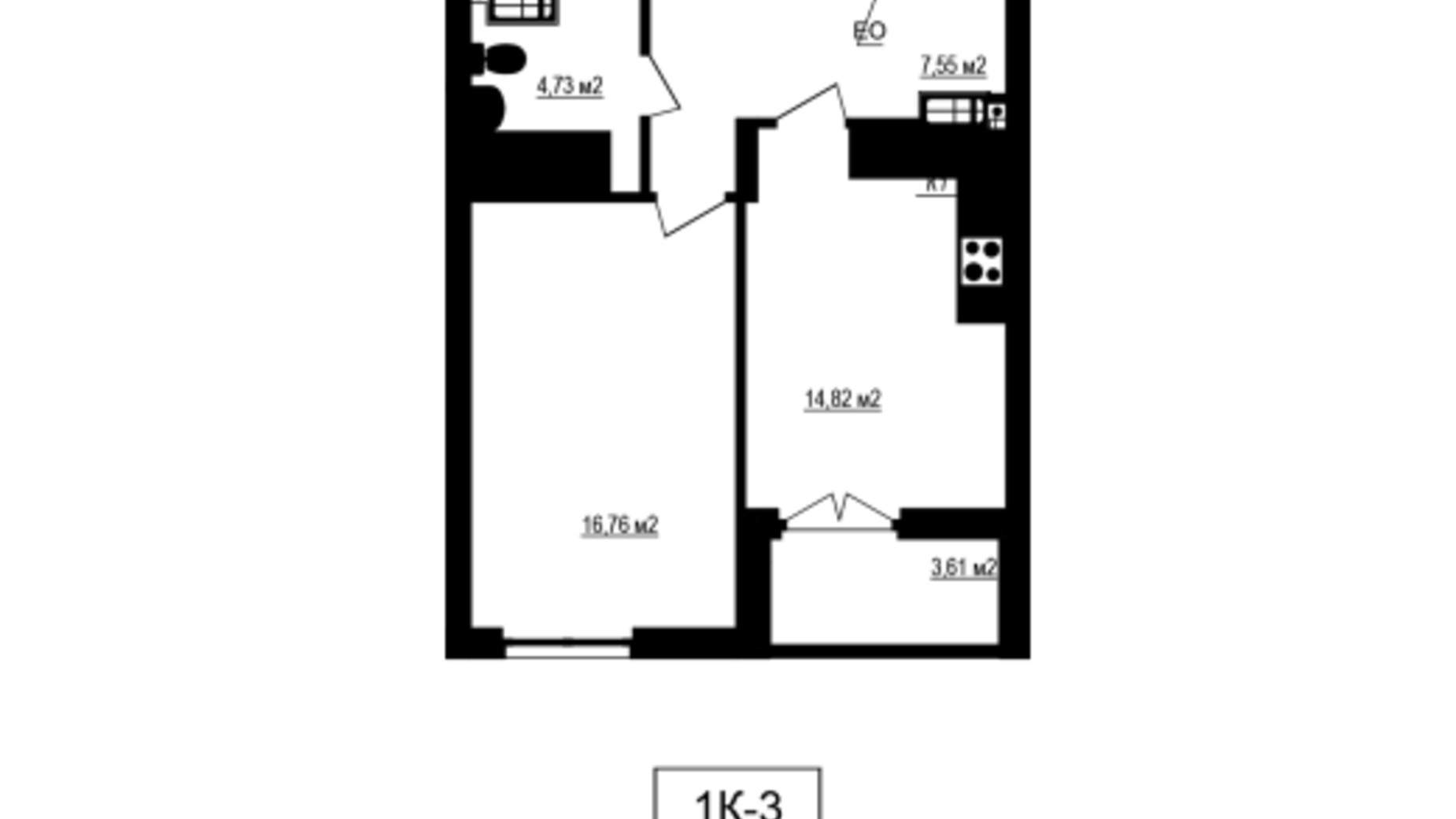 Планировка 1-комнатной квартиры в ЖК Щасливий Grand 45.67 м², фото 620224