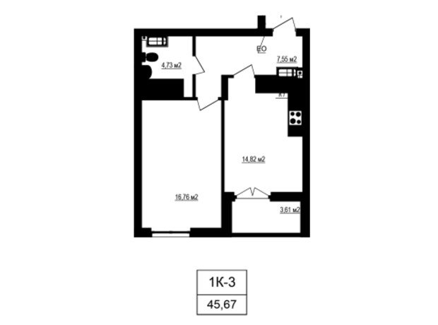 ЖК Щасливий Grand: планування 1-кімнатної квартири 45.67 м²