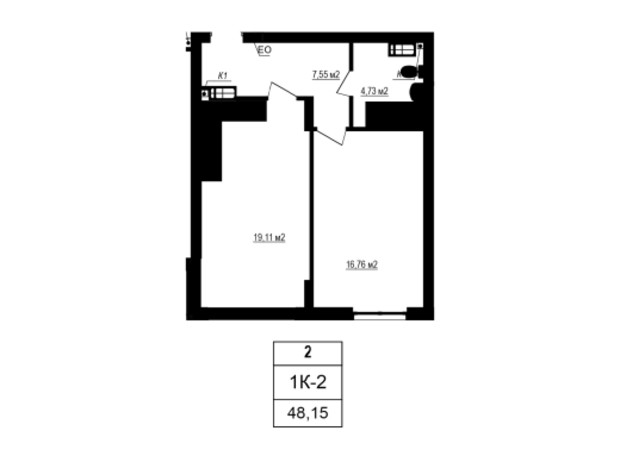 ЖК Щасливий Grand: планировка 1-комнатной квартиры 48.15 м²