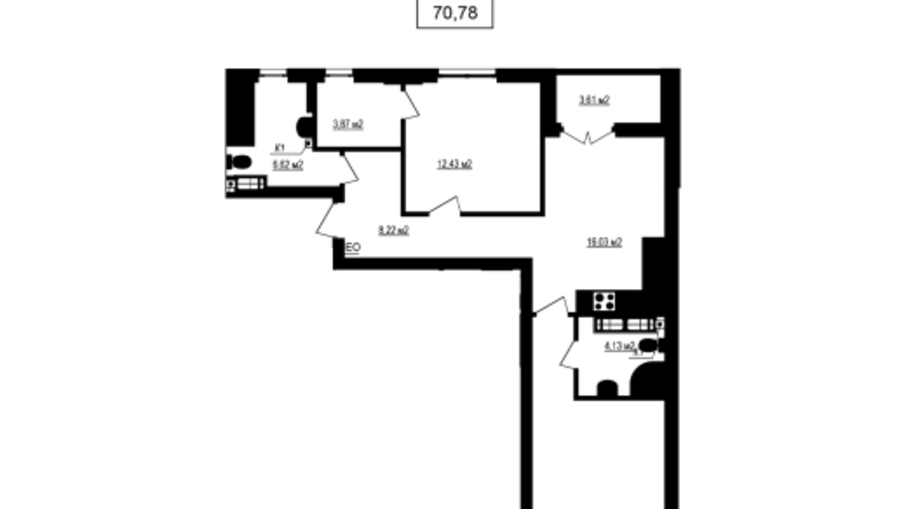 Планування 2-кімнатної квартири в ЖК Щасливий Grand 70.78 м², фото 620229