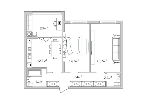 ЖК Петрівські Липки: планування 2-кімнатної квартири 68.7 м²