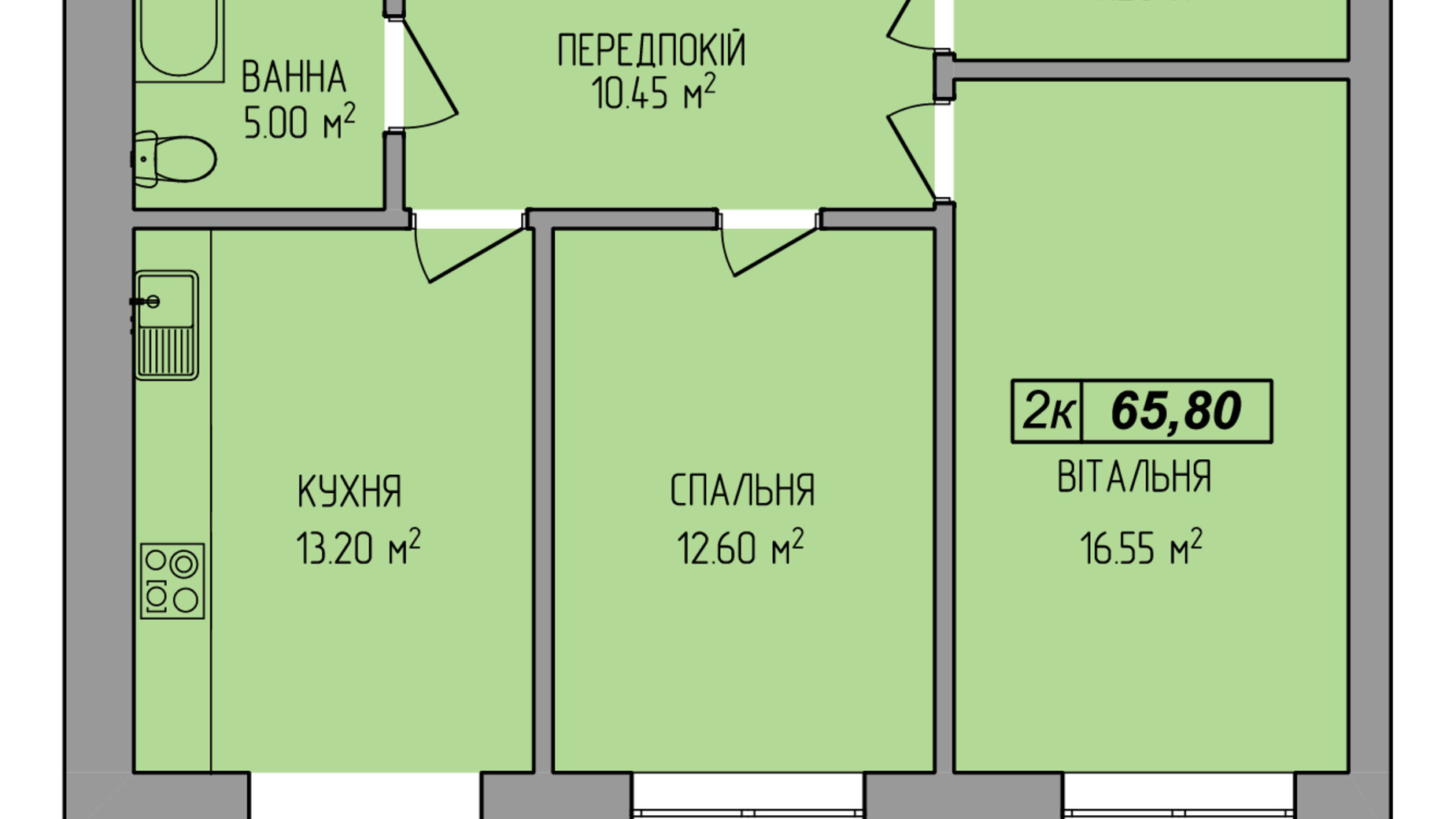 Планировка 2-комнатной квартиры в ЖК Мира 65.8 м², фото 620333
