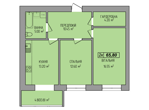 ЖК Мира: планировка 2-комнатной квартиры 65.8 м²