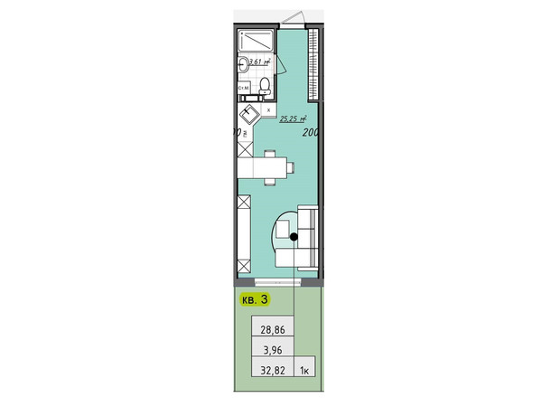 ЖК Sofi House: планировка 1-комнатной квартиры 32.9 м²