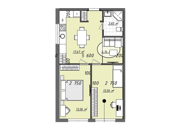 ЖК Sofi House: планировка 2-комнатной квартиры 52.3 м²