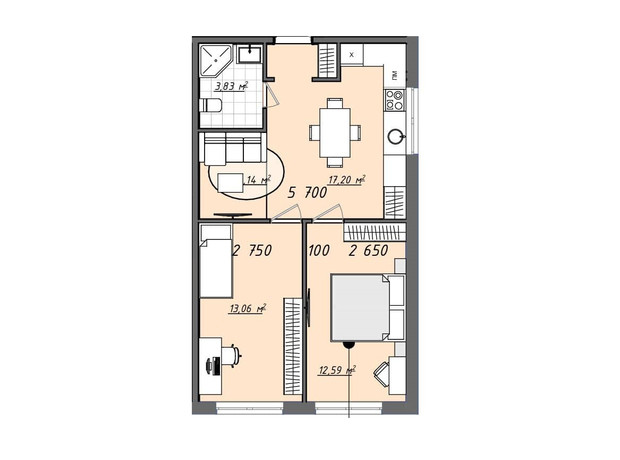 ЖК Sofi House: планировка 2-комнатной квартиры 51.9 м²