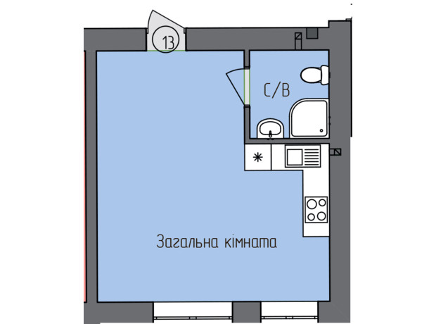 ЖК Левобережный: планировка 1-комнатной квартиры 28.7 м²