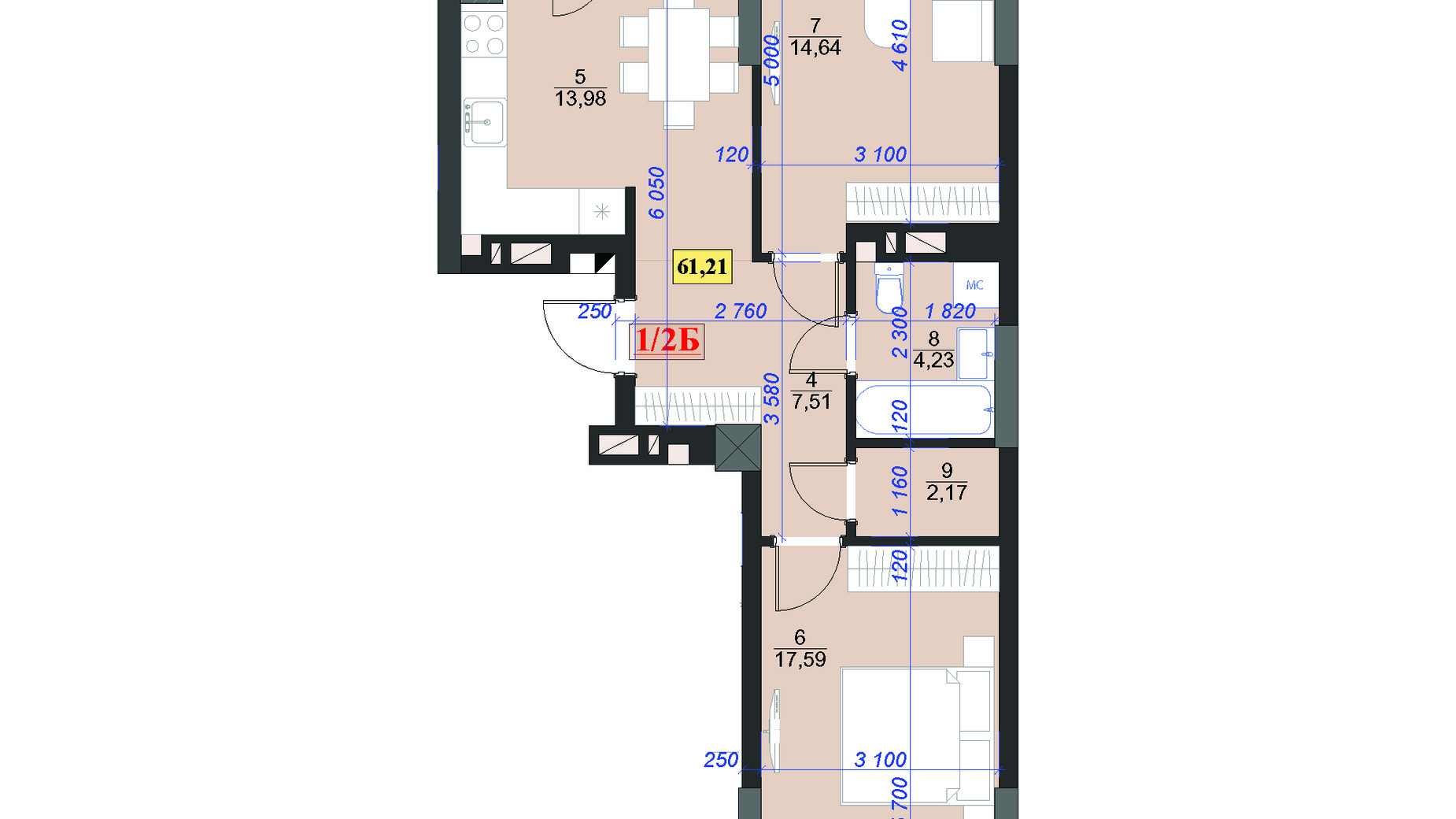 Планировка 2-комнатной квартиры в ЖК Light home 61.21 м², фото 620507