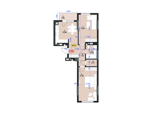 ЖК Light home: планировка 2-комнатной квартиры 61.21 м²