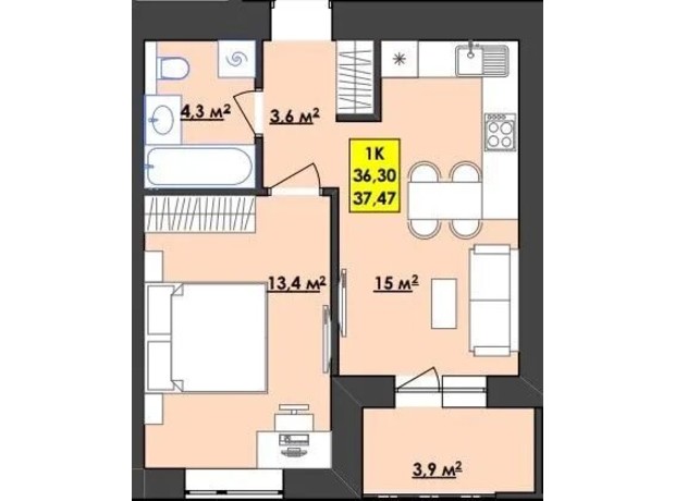 ЖК Browar: планування 1-кімнатної квартири 36.3 м²
