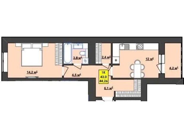 ЖК Browar: планування 1-кімнатної квартири 43 м²