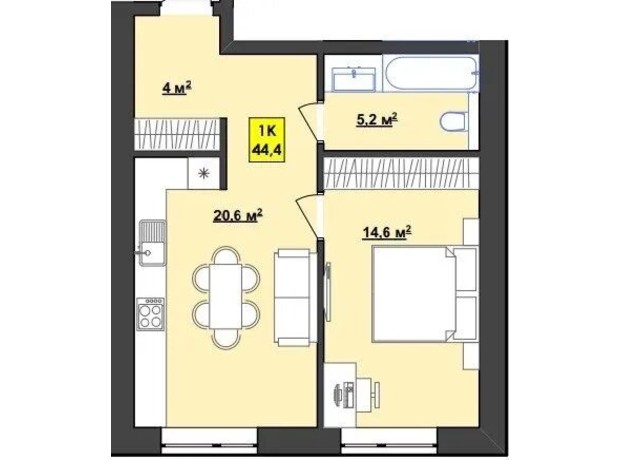 ЖК Browar: планировка 1-комнатной квартиры 44.4 м²