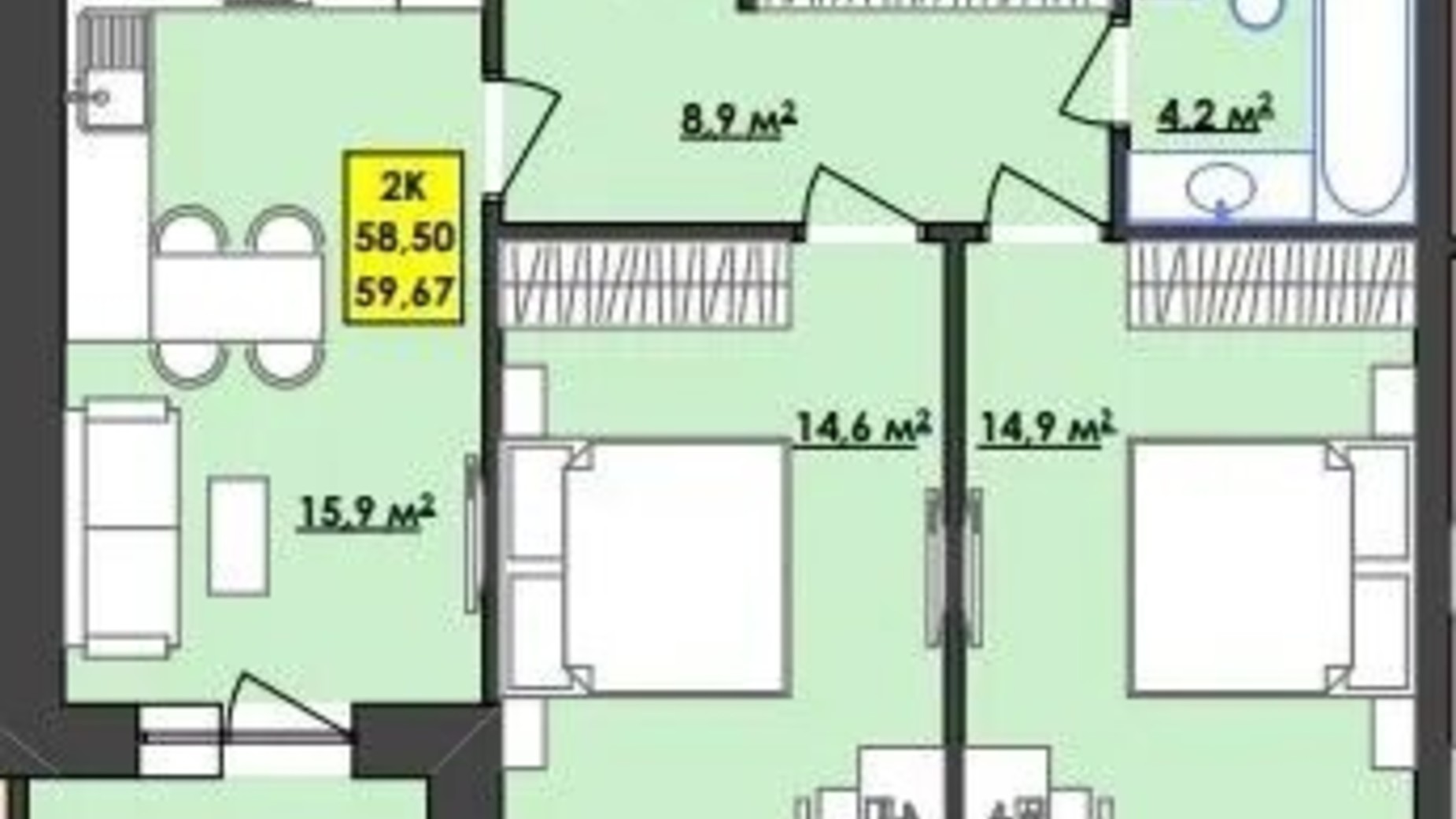 Планировка 2-комнатной квартиры в ЖК Browar 58.5 м², фото 620530
