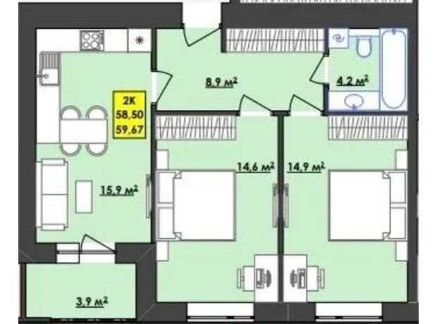 ЖК Browar: планировка 2-комнатной квартиры 58.5 м²