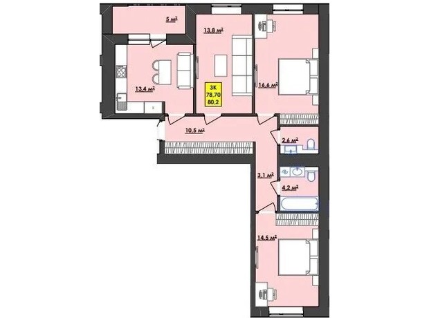 ЖК Browar: планировка 3-комнатной квартиры 79.7 м²