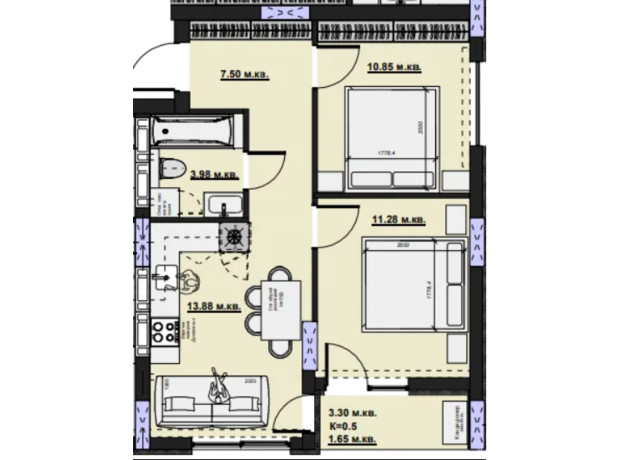 ЖК Набережный квартал: планировка 2-комнатной квартиры 51 м²