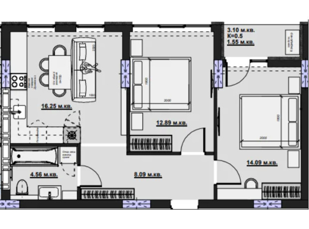 ЖК Набережний квартал: планування 2-кімнатної квартири 58 м²