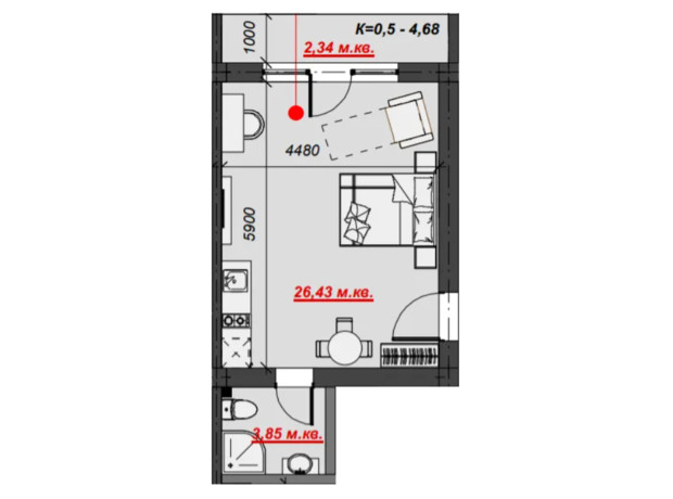 Апарт-комплекс Green Park Polyana: планировка 1-комнатной квартиры 31 м²