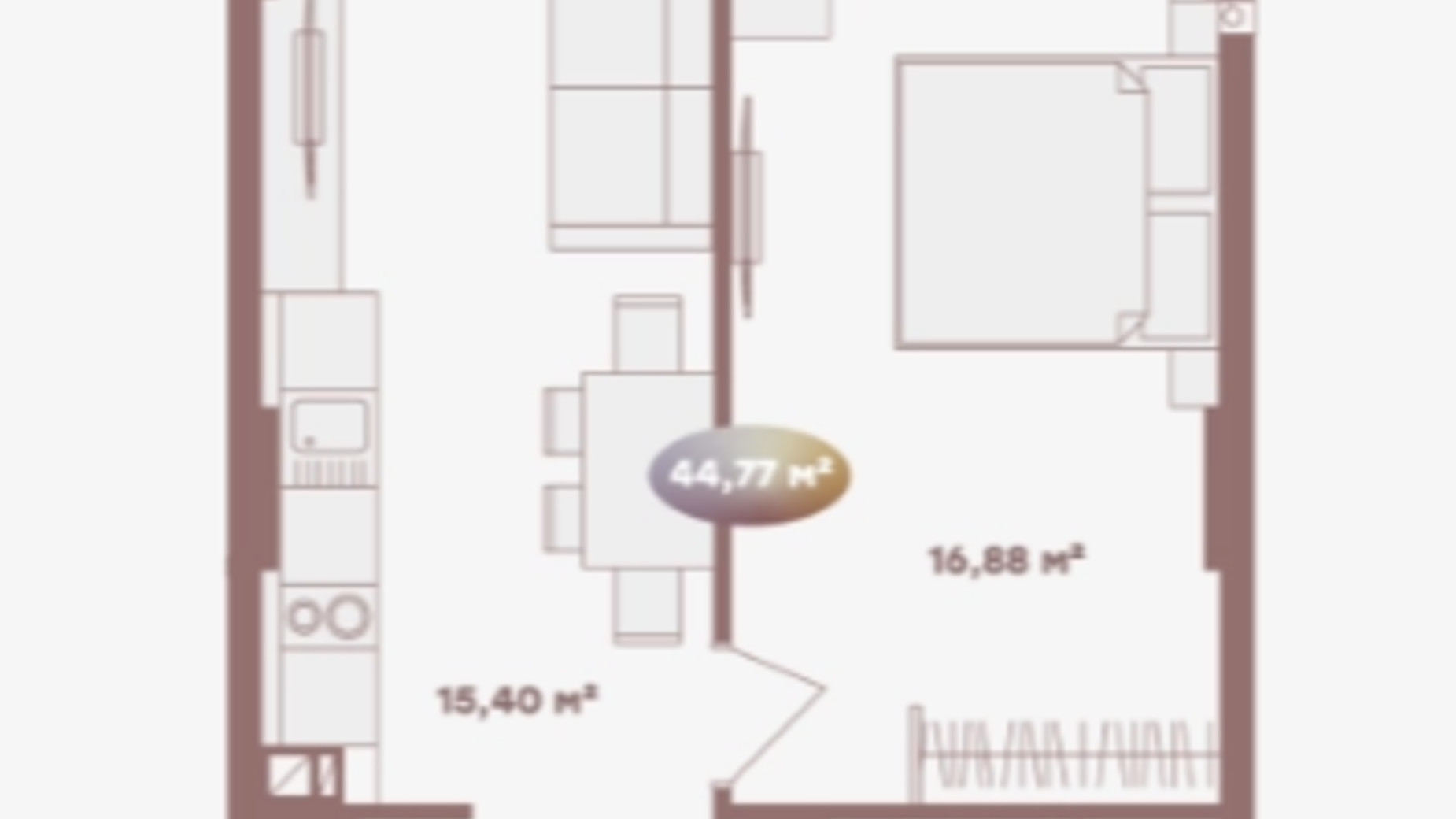 Планування 1-кімнатної квартири в Апарт-готель Logos Home Apartment 44.77 м², фото 620689