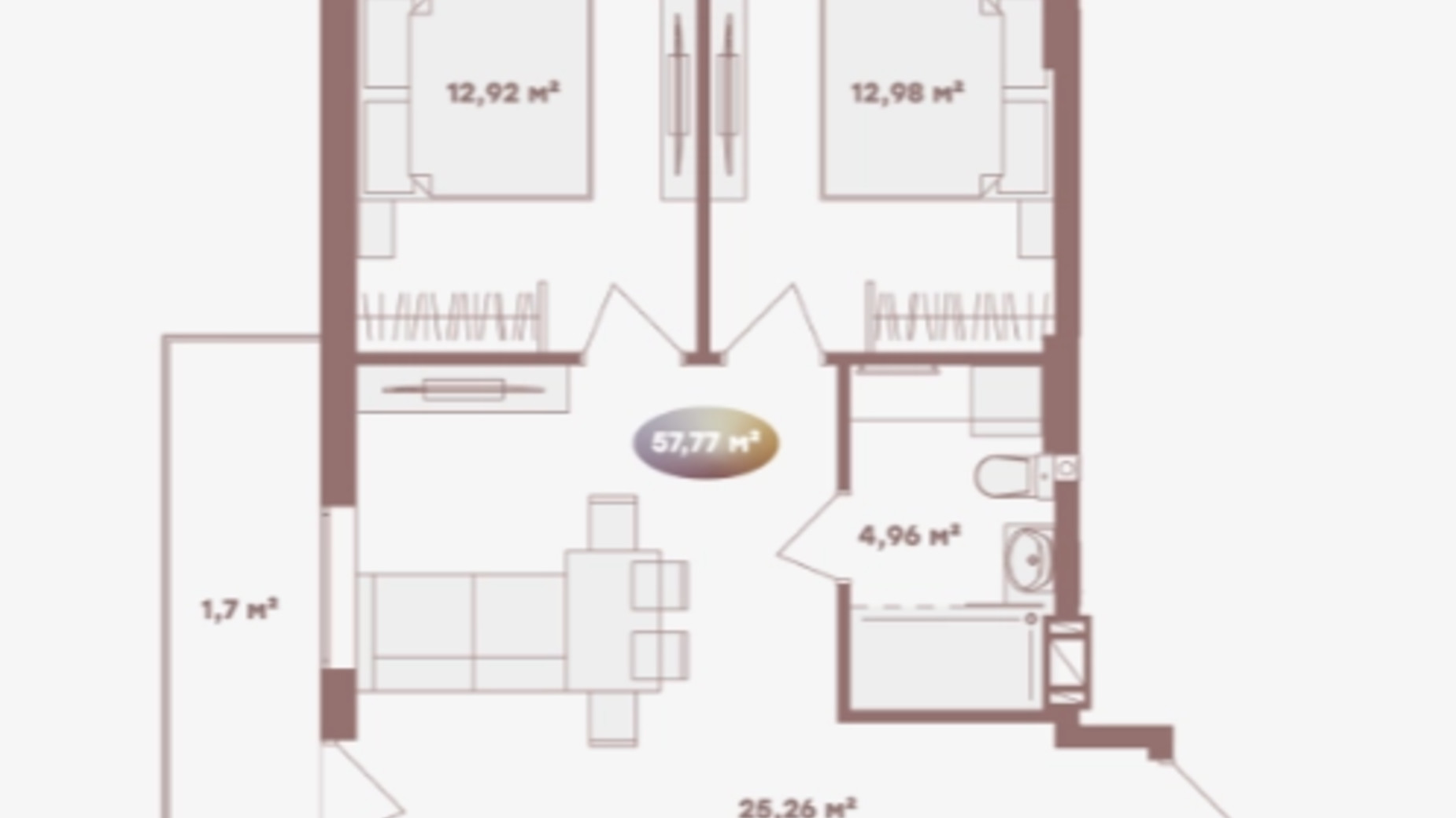 Планировка 2-комнатной квартиры в Апарт-готель Logos Home Apartment 55.77 м², фото 620691