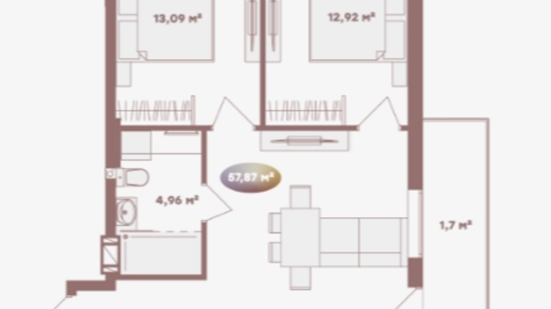 Планування 2-кімнатної квартири в Апарт-готель Logos Home Apartment 55.87 м², фото 620692