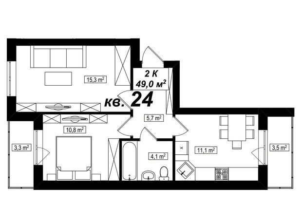 ЖК Амстердам Клубный: планировка 2-комнатной квартиры 49 м²