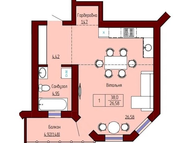 ЖК Prestige Palace: планування 1-кімнатної квартири 38 м²