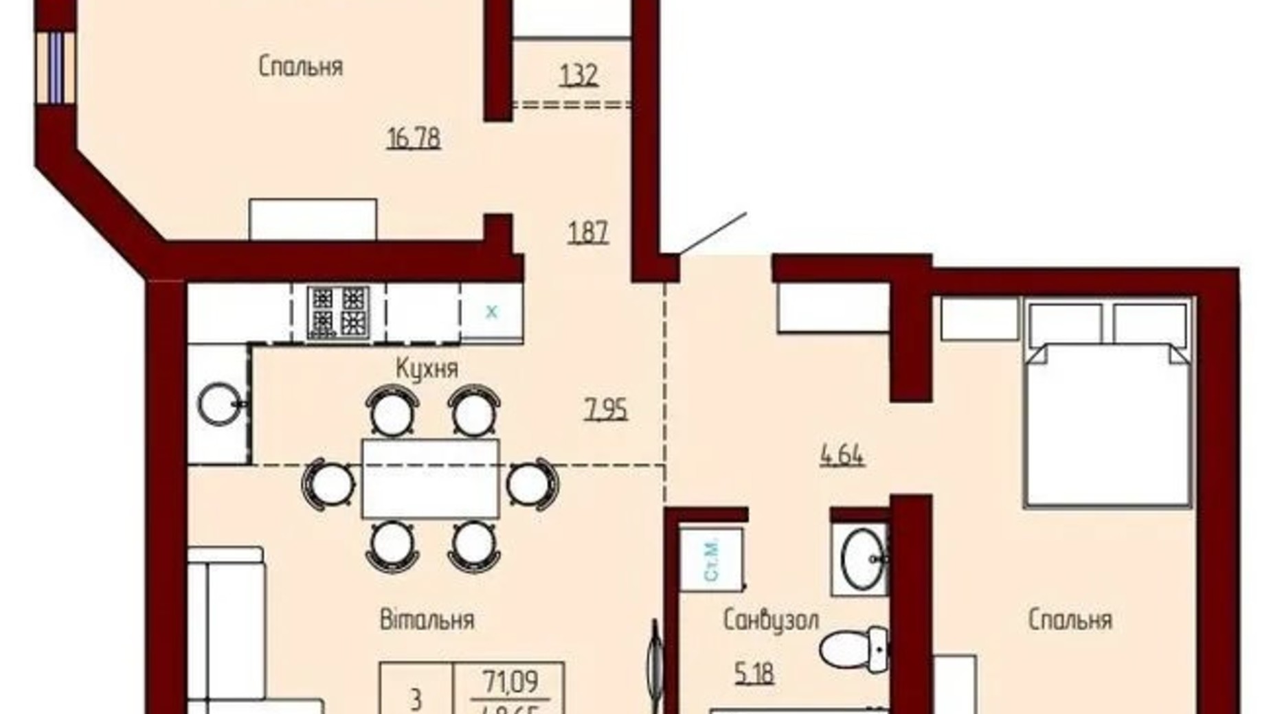 Планировка 2-комнатной квартиры в ЖК Prestige Palace 71.09 м², фото 620840