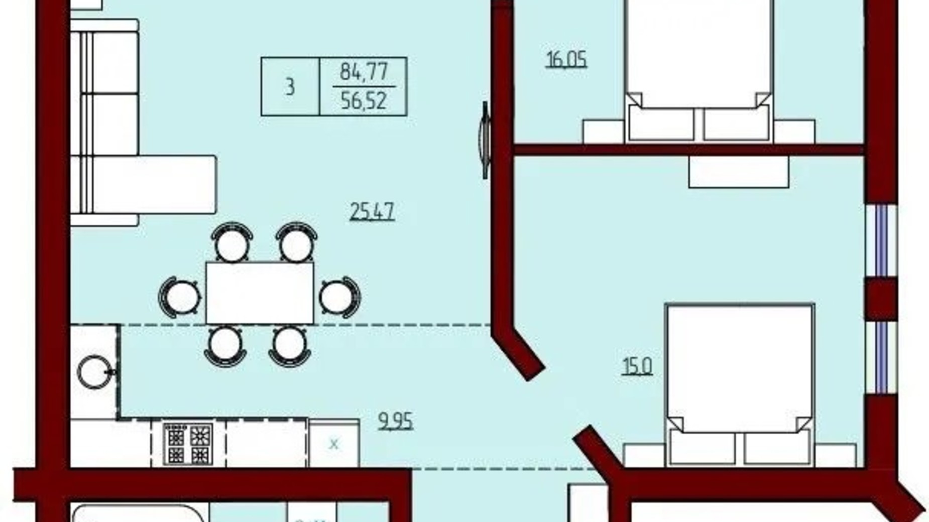 Планування 3-кімнатної квартири в ЖК Prestige Palace 84.77 м², фото 620842