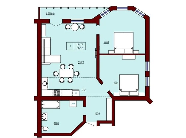 ЖК Prestige Palace: планування 3-кімнатної квартири 84.77 м²
