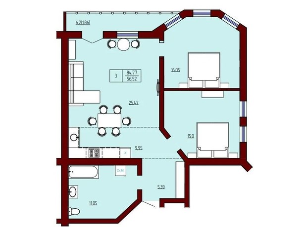 ЖК Prestige Palace: планировка 3-комнатной квартиры 84.77 м²