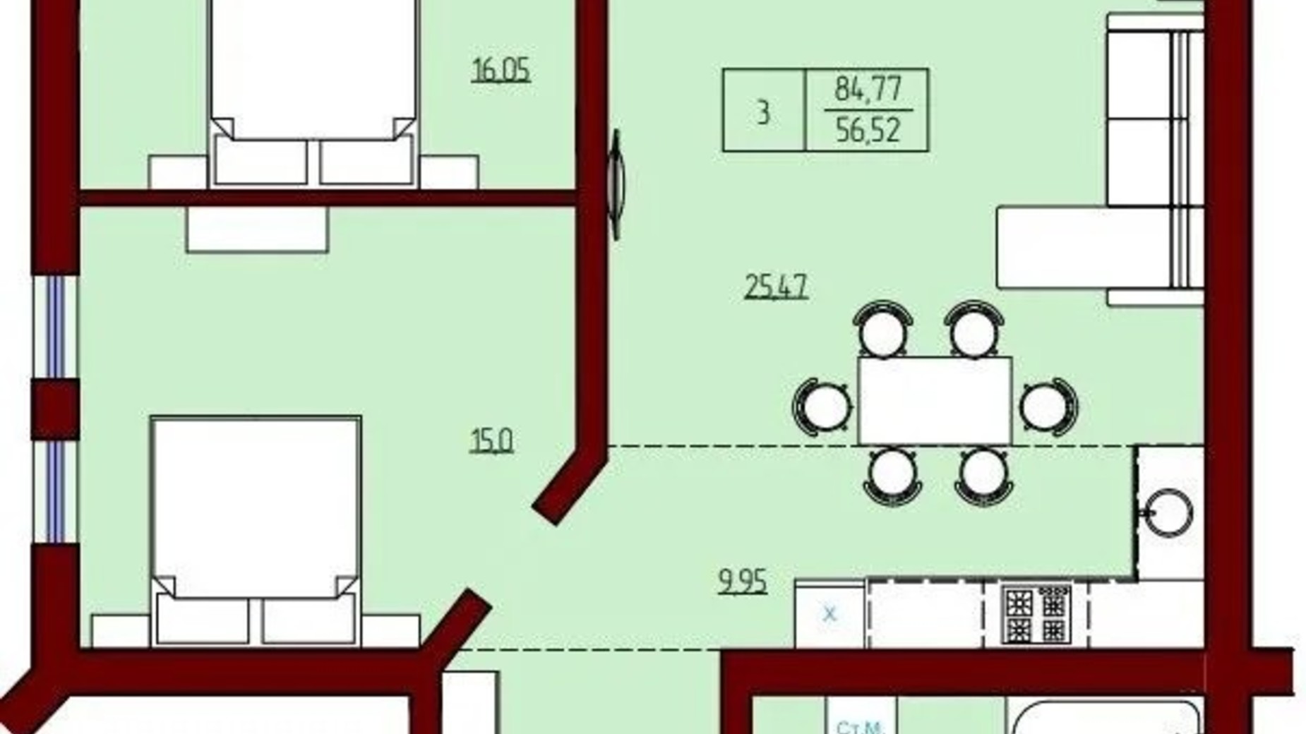 Планування 3-кімнатної квартири в ЖК Prestige Palace 84.77 м², фото 620843