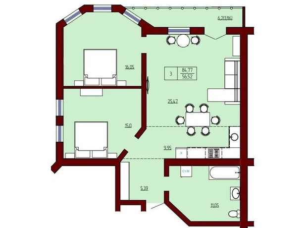 ЖК Prestige Palace: планировка 3-комнатной квартиры 84.77 м²