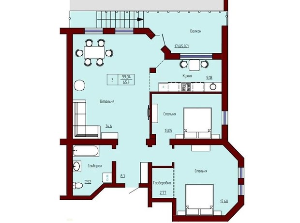 ЖК Prestige Palace: планування 3-кімнатної квартири 99.04 м²