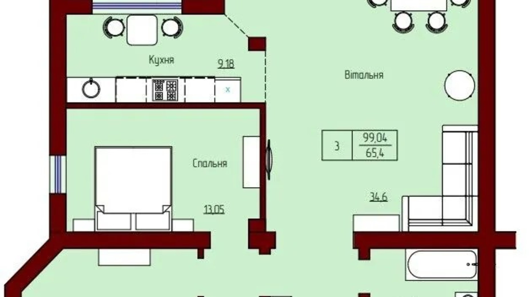 Планування 3-кімнатної квартири в ЖК Prestige Palace 99.04 м², фото 620845
