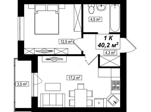 ЖК Амстердам Клубний: планування 1-кімнатної квартири 40.2 м²