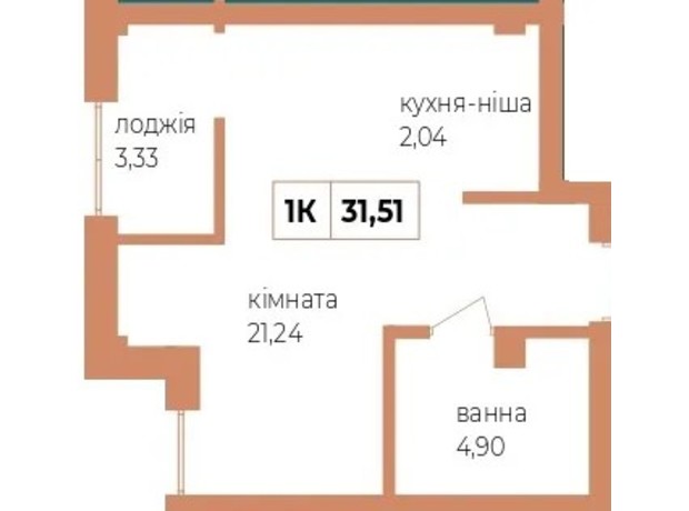 ЖК Fenix: планування 1-кімнатної квартири 31.51 м²