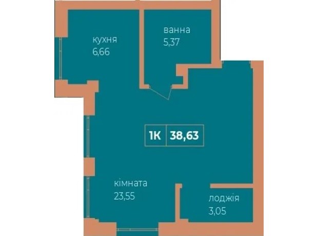 ЖК Fenix: планування 1-кімнатної квартири 38.63 м²