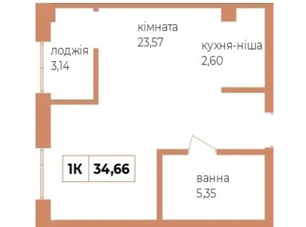 ЖК Fenix: планування 1-кімнатної квартири 34.66 м²