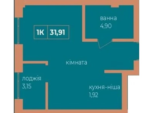 ЖК Fenix: планування 1-кімнатної квартири 31.91 м²