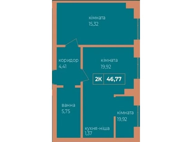 ЖК Fenix: планировка 2-комнатной квартиры 46.77 м²