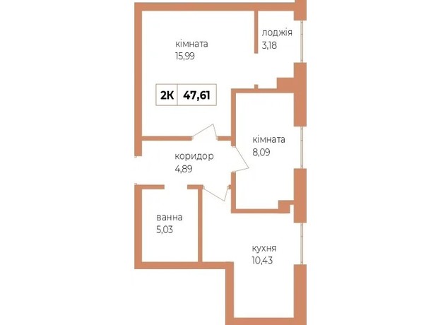 ЖК Fenix: планировка 2-комнатной квартиры 47.61 м²