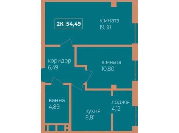 ЖК Fenix: планировка 2-комнатной квартиры 54.49 м²