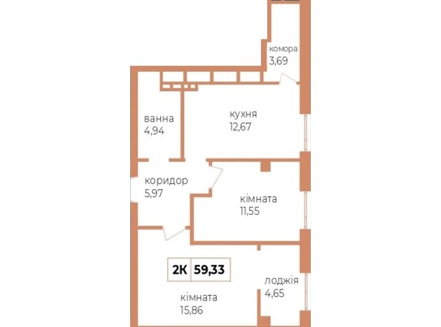 ЖК Fenix: планировка 2-комнатной квартиры 59.33 м²