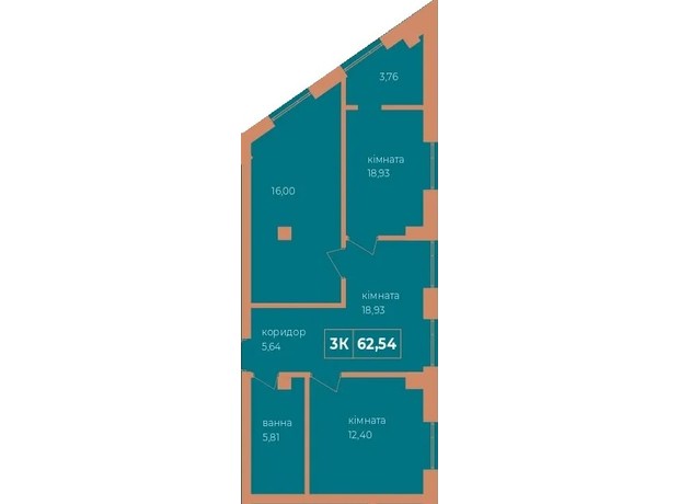 ЖК Fenix: планировка 3-комнатной квартиры 62.54 м²