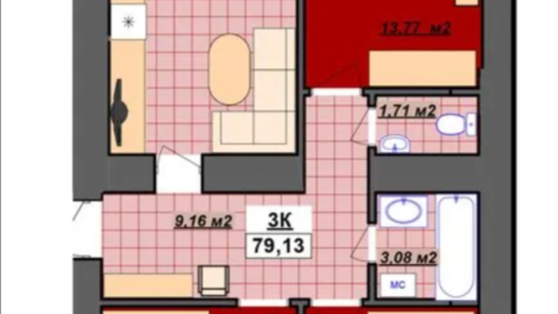 Планировка 3-комнатной квартиры в ЖК Гетьманский 81.1 м², фото 621065