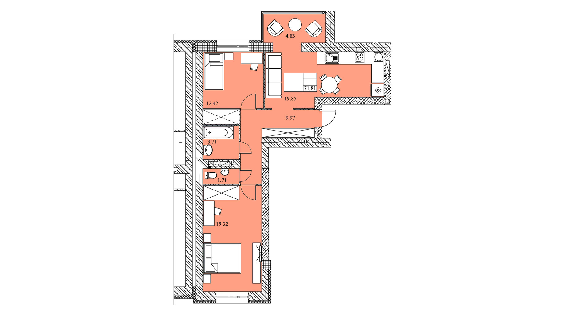 Планировка 2-комнатной квартиры в ЖК на Шептицкого 71.81 м², фото 621200