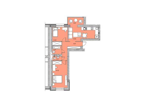 ЖК на Шептицкого: планировка 2-комнатной квартиры 71.81 м²