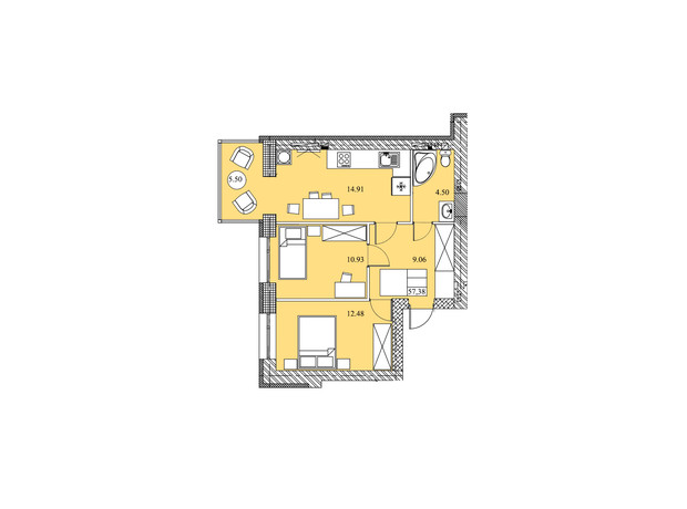 ЖК на Шептицкого: планировка 2-комнатной квартиры 57.38 м²